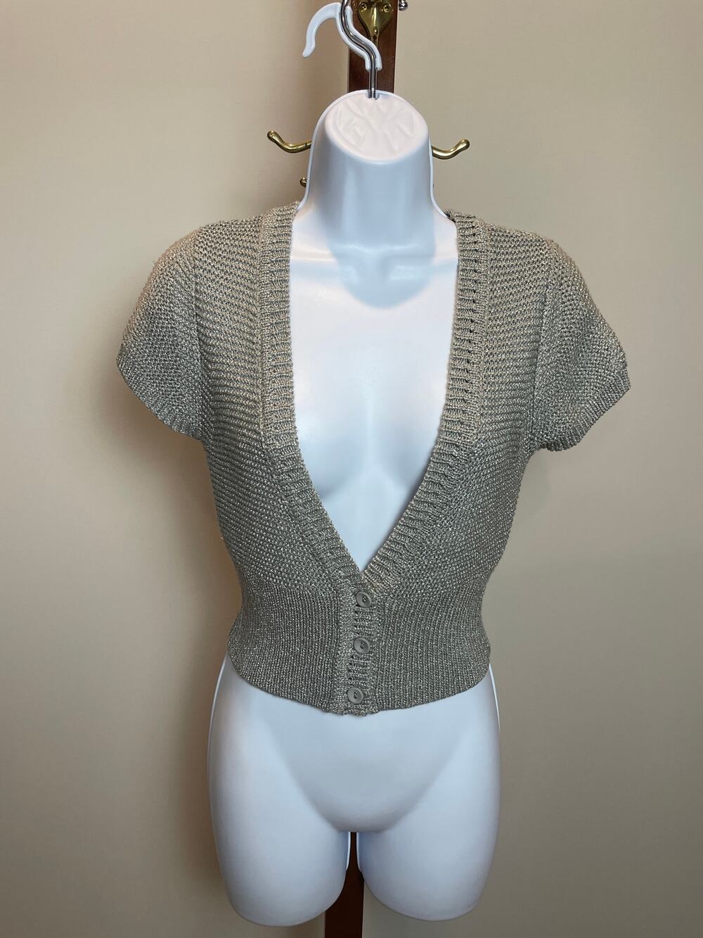 Express Gray Metallic Thread Cropped Knit Button Front Shrug Sweater Size S